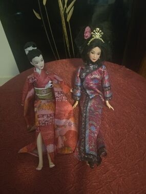 Asian Decorative Porcelain Dolls - Red Patterned Kimono and Cheongsam Styles